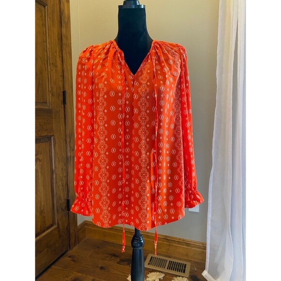 Womens Flowy Boho Size Medium Sheer Orange Long Sleeve Blouse - Picture 1 of 9
